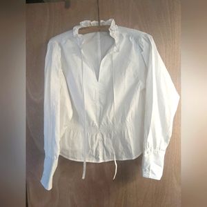 Rebecca Taylor White Cotton Blouse Shirt Tie Closure Ruffles